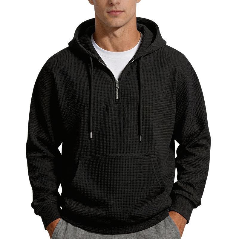 Men S Solid Color Waffle Hooded Half Zip Long Sleeve Pullover Sweatshirt