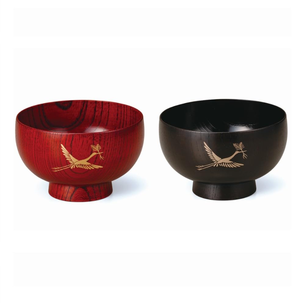 Kashoan Keyaki Hotei Soup Bowl Pair Crane Made in (Zelkova) Set, Pine-Eating SO-0322 [Soup Bowl, Wooden, Japan]