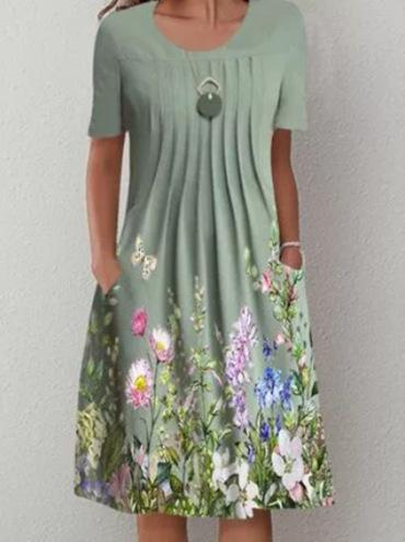 Spring and Summer Floral Print Crew Neck Pullover Medium and Long Dress Women's Clothing