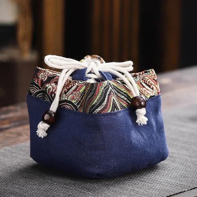Vintage Teaware Storage Bag Outdoor Travel Ceramic Teacups Cotton and Linen Drawstring Cloth Bags Kung Fu Tea Accessories