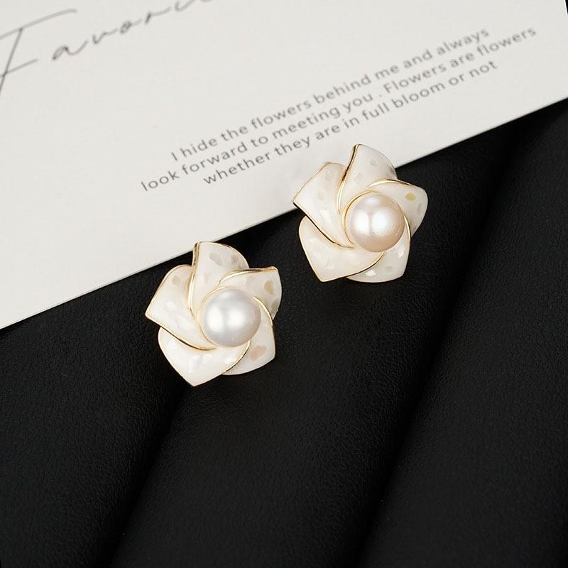 Elegant Pearl Camellia Flower Earrings Sterling Studs Minimalist Fashion Jewelry Women