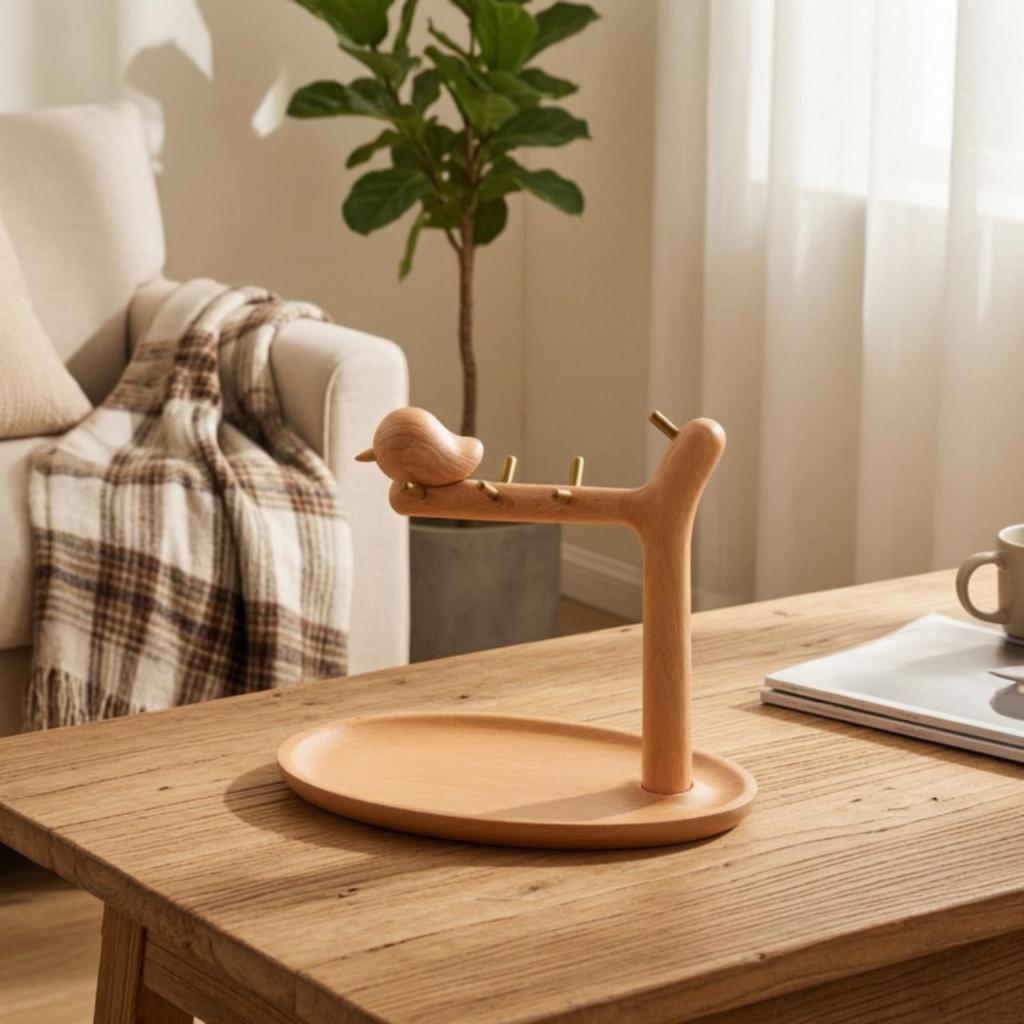 Countertop Accessory Holder SpaceSaving Beech Wood Desktop Organizer with Metal Pegs for Bedroom