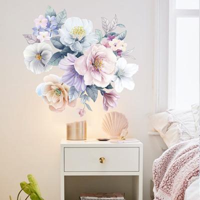 Artistic Watercolor Pink and Blue Flowers Wall Stickers, Bohemian Style Wall Decals for Bedroom Headboard and Hallway Decor
