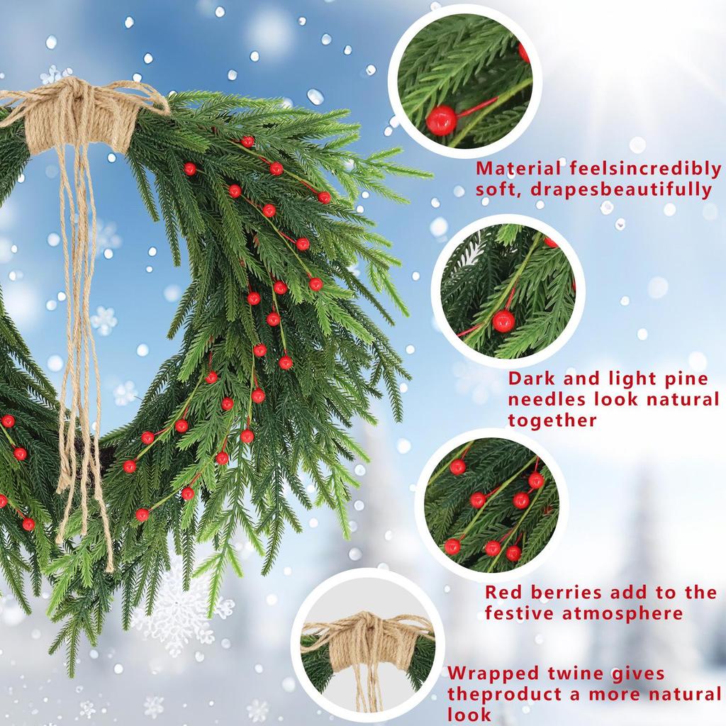 Yunhui Christmas Wreath with Red Berries and Bow – PE Norfolk Pine Greenery