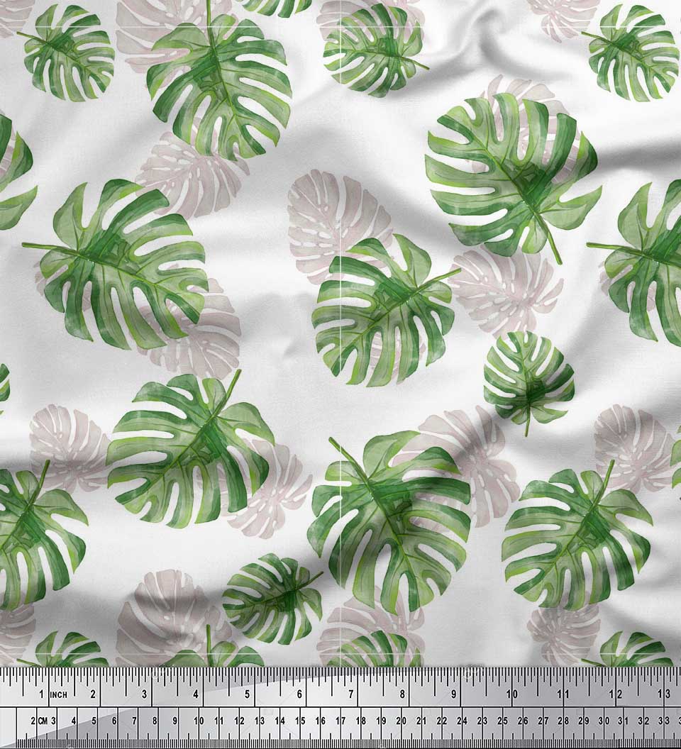 

Soimoi Фіолетовий японський креп-сатин Тканина з принтом листя монстери на метри 42 дюйми 42 Inch Wide - Poly Crepe білий