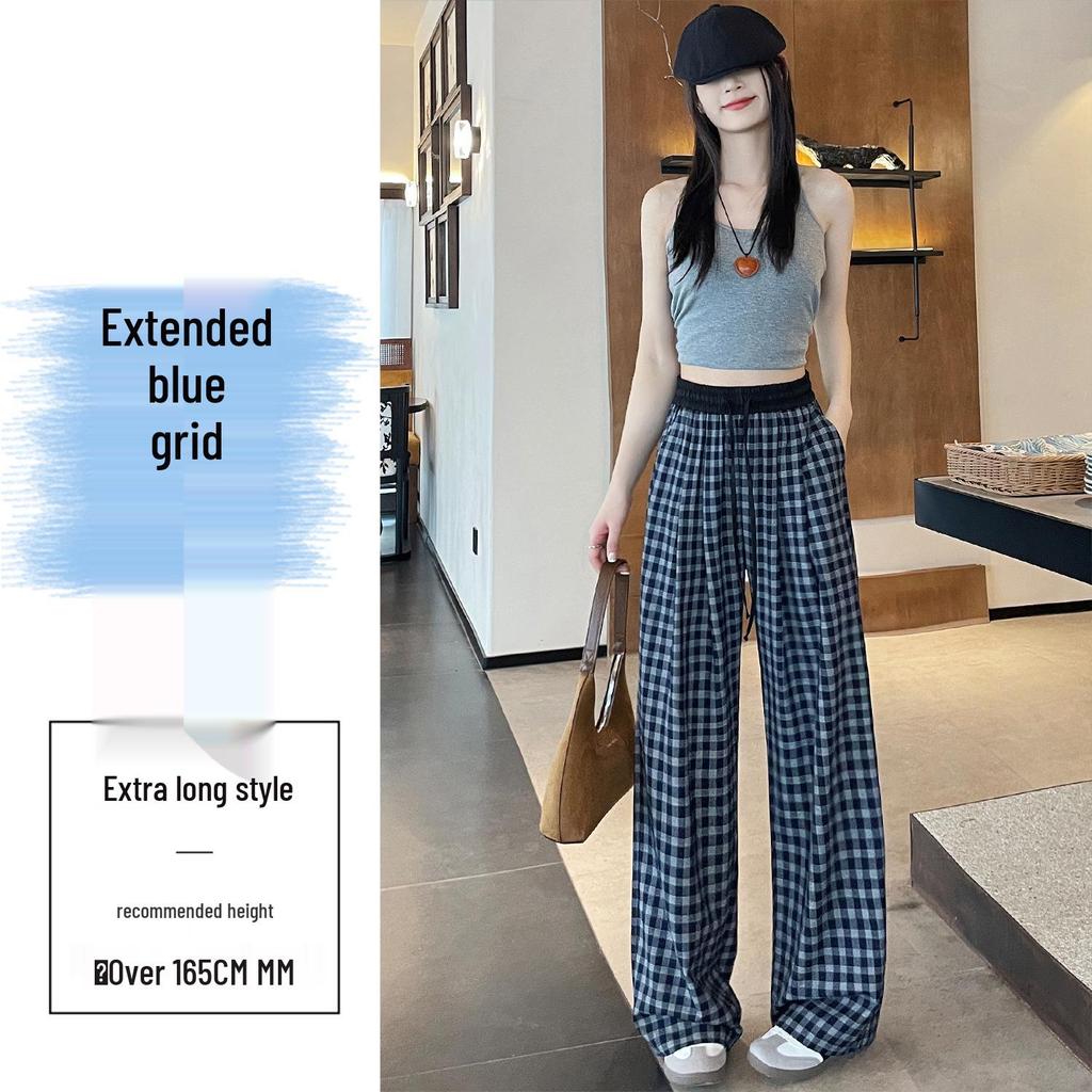 Retro Blue Plaid Wide-Leg Pants - Spring/Summer 2026 Collection, Lazy Style, Drapey Straight-Leg Casual Pants