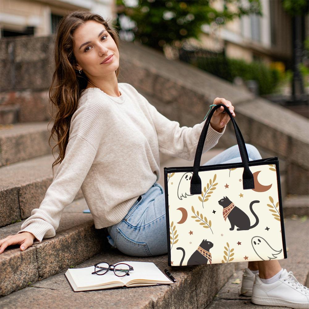 Halloween Cute Cat Ghost Printed Tote Bag Portable Casual Daily Shoulder Handbag