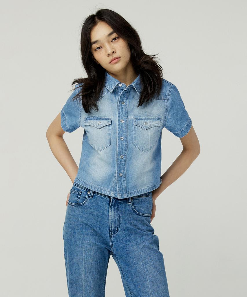 MAGOODGAN Femerald 2803 Fadewash Medium Indigo Crop Short Sleeve Shirt