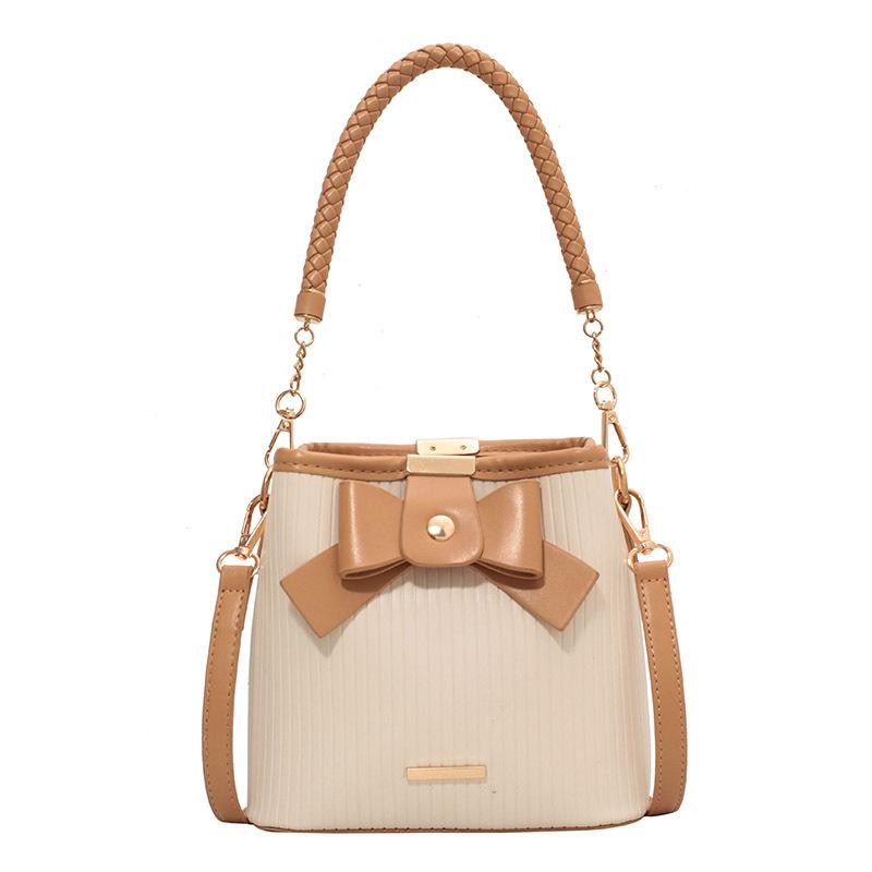 Sweet Bag Women S Soft Leather Striped Bow Woven Portable Bucket Bag Fashionable Shoulder Messenger Bag