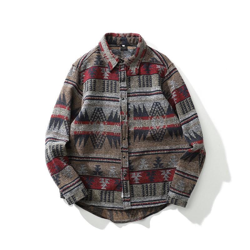 Camicia da uomo a maniche lunghe in flanella, stile etnico vintage, vestibilità larga e oversize, casual, autunno