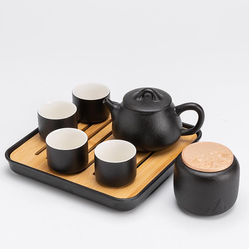 Japanese Black Pottery Tea Set with Handle Teapot, Dry Brew Tray, and Portable Bag for Home, Office, or Travel.