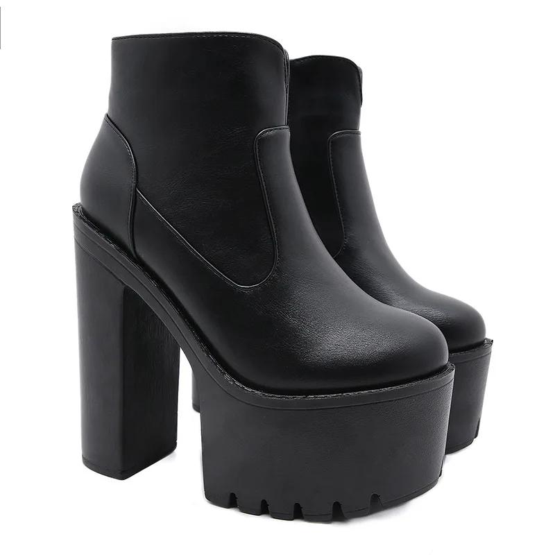 Módní Sexy Robustní Vysoké Podpatky Kotníkové Boty Pro Ženy Punkový Styl Zip Silná Platforma Elasticita Mikrovlákno Boty Sapatos Femininos
