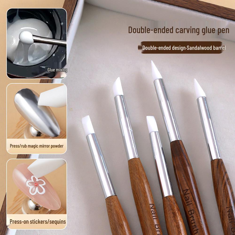Double-Ended Sandalwood Carving & Glue Mixing Pen: Comfortable Grip, Multi-Functional Silicone Nail Art Tool.