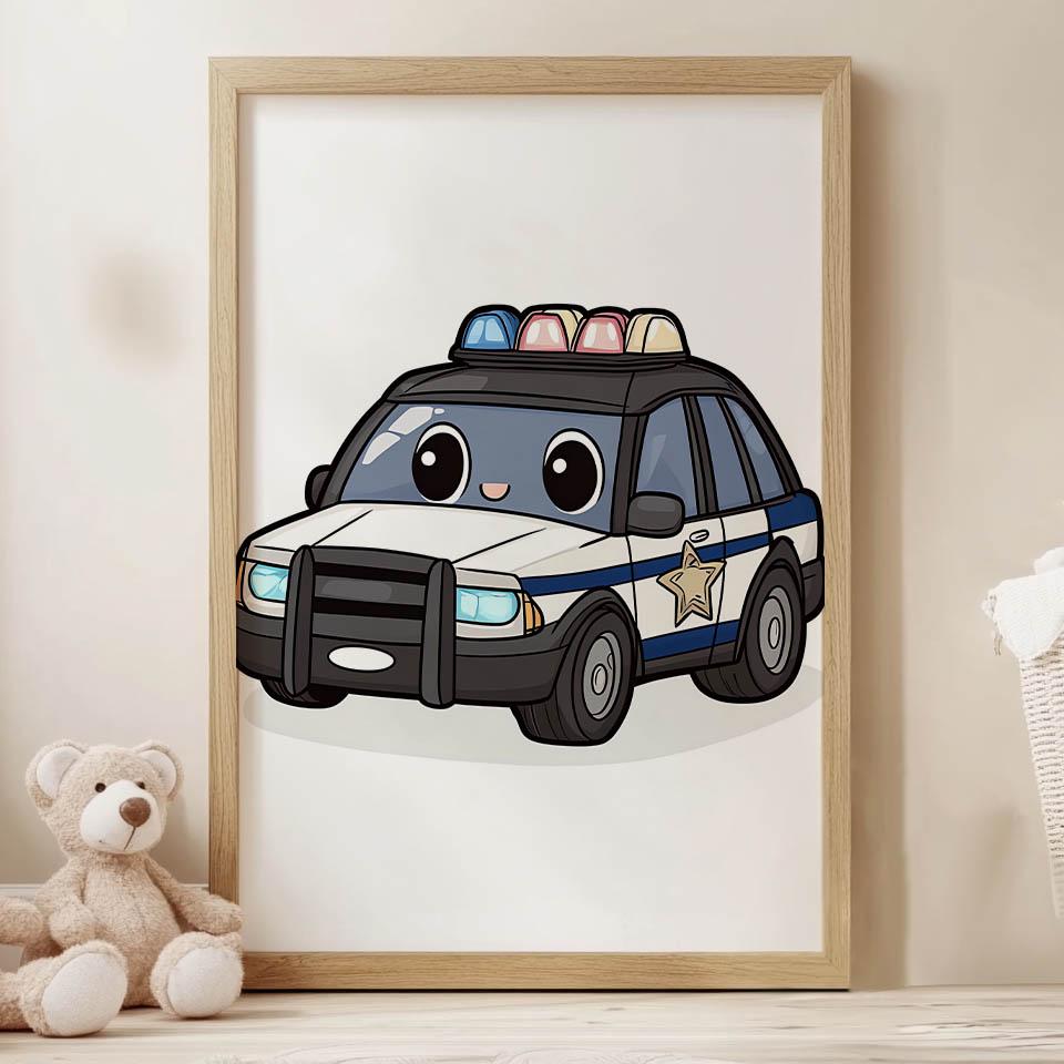 Police Car Poster Police Car Poster, 30X40 Cm, White Wooden Frame, 230 Gsm Matte Paper