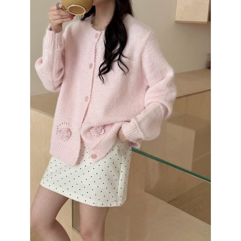 

Осень и зима новый трехмерный цветок мягкий восковой свободный вязаный кардиган нежный ветер милый свитер куртка женская one size fits all розовый