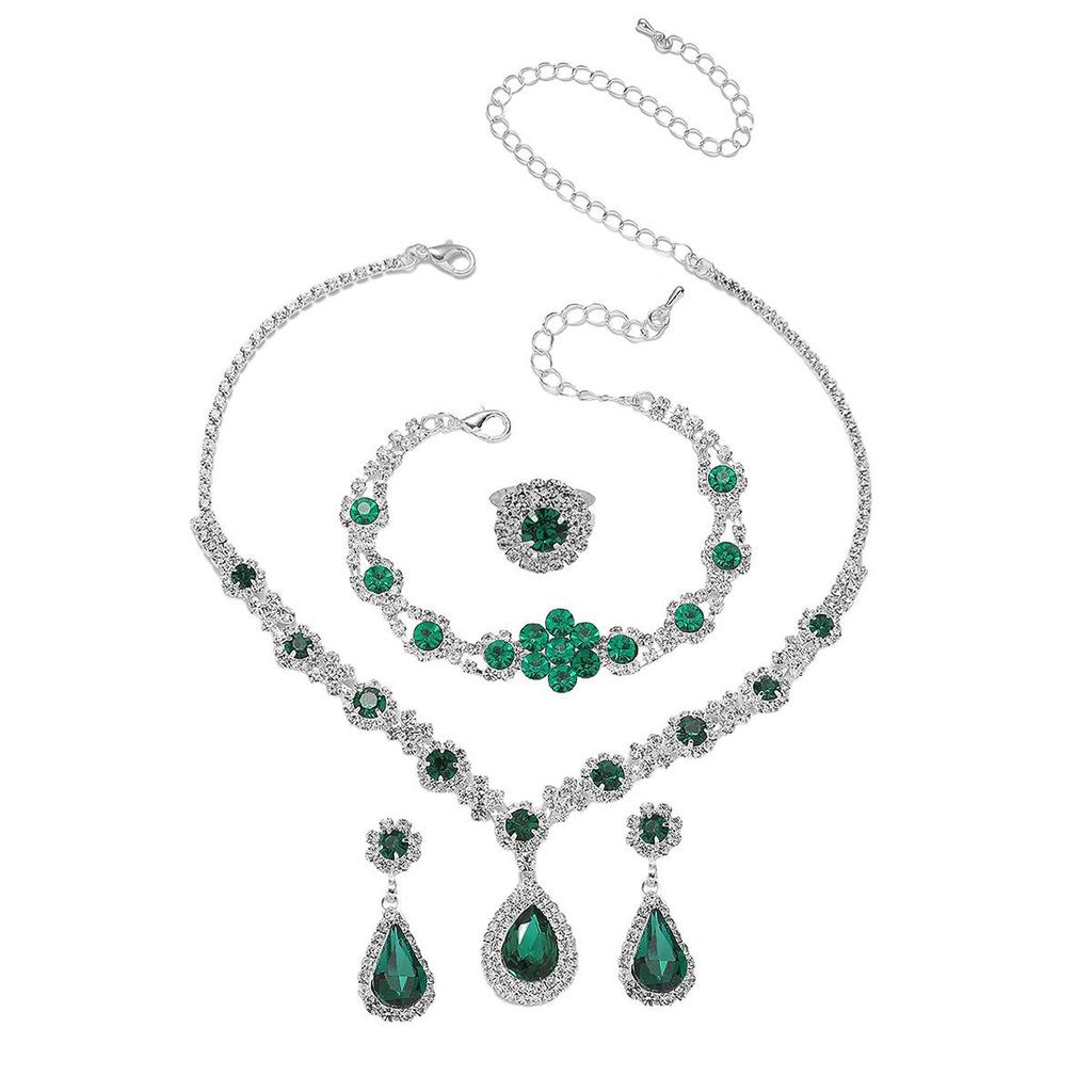 European & American Multi-Color Rhinestone Jewelry Set: Green, Blue & Red Necklace, Earrings, Bracelet & Ring