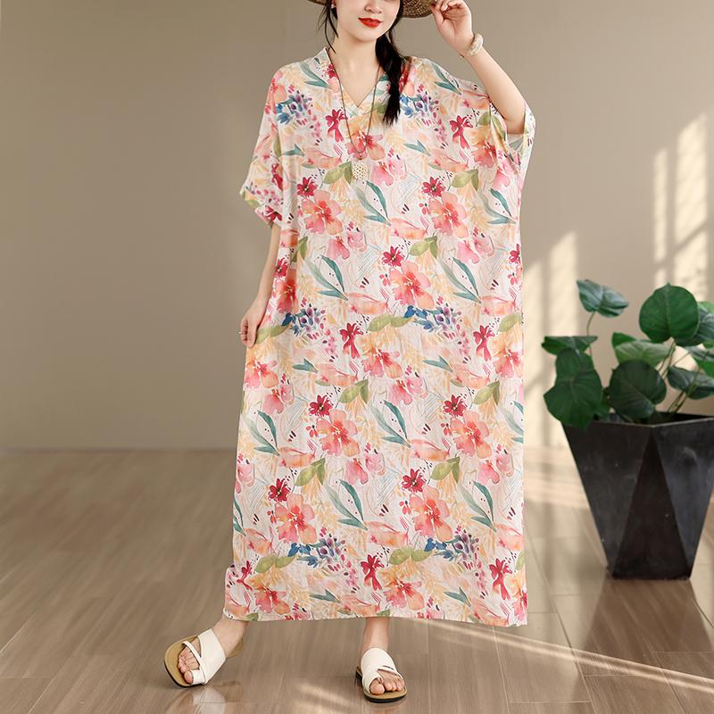 DIMANAF New 2026 Women Plus Size Summer Casual Loose Long Dress Cotton Oversize Maxi Floral Print Beach Sundress