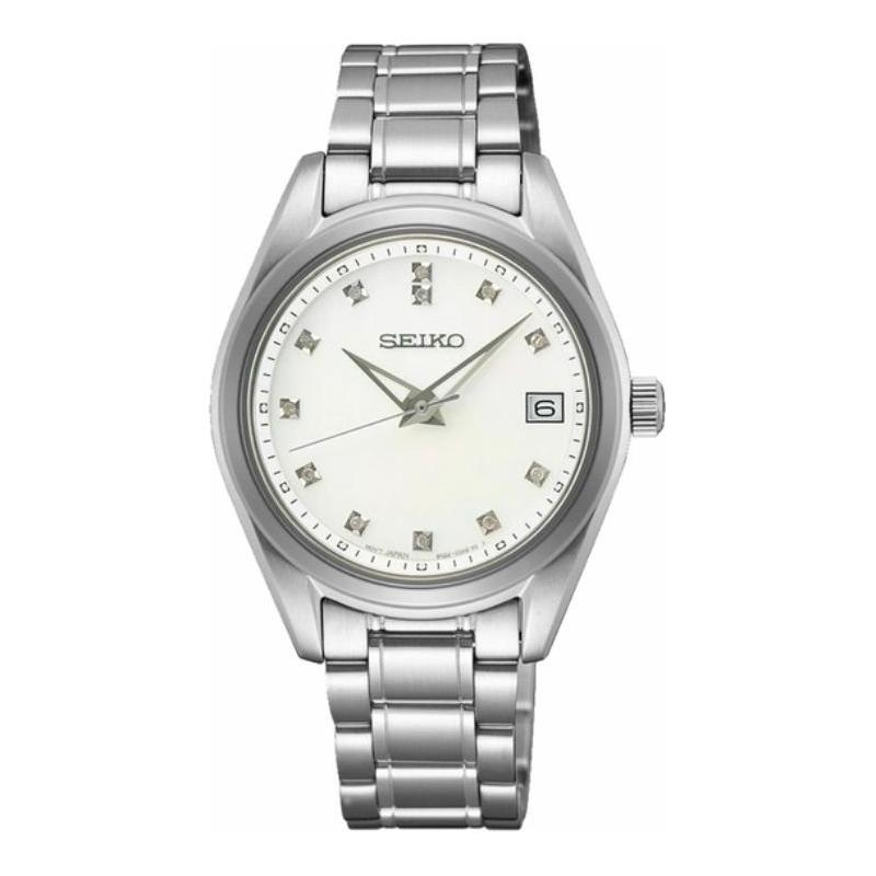 

SEIKO 100 meters waterproof Quartz Steel Strap 32mm women s watch silver dial SUR579P1 синій