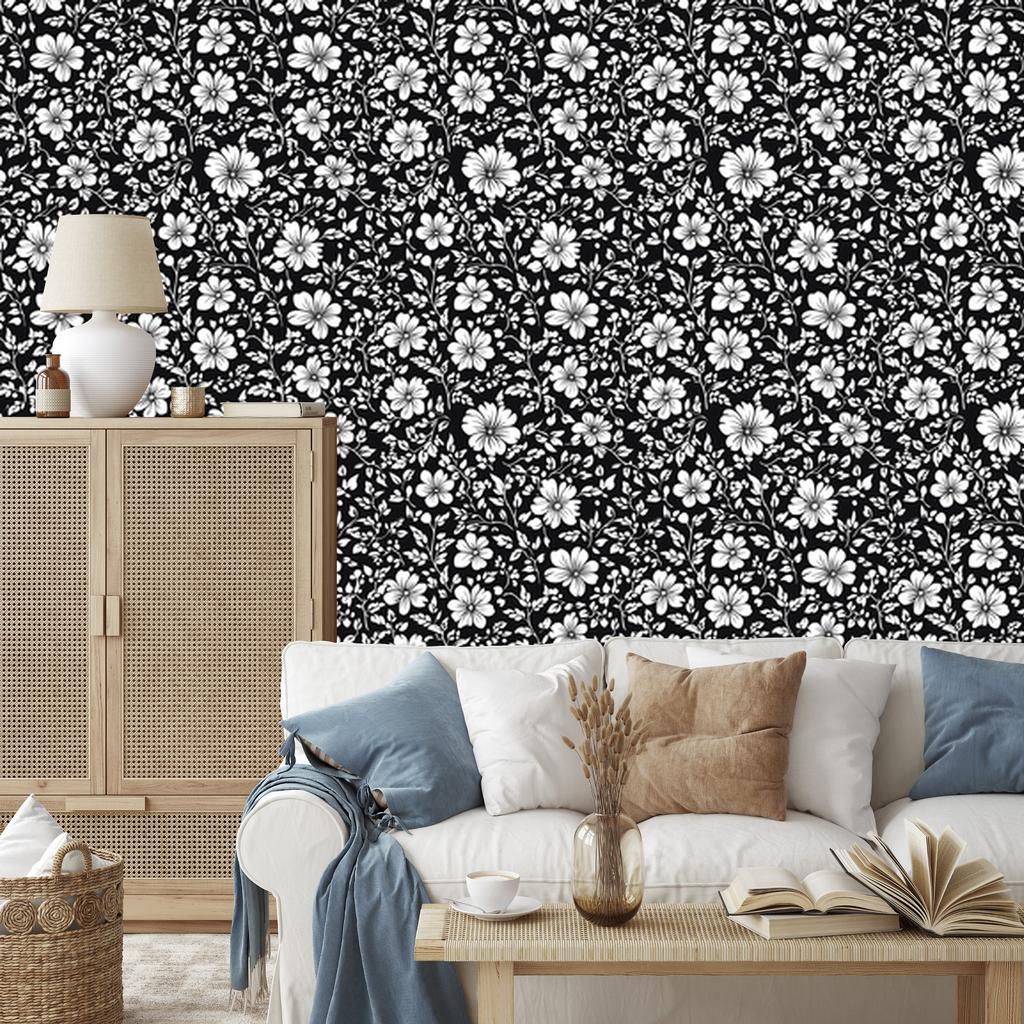 Wallpaper Black and White Flowers Graphite and Gray for Living Room and Bedroom 50x1000