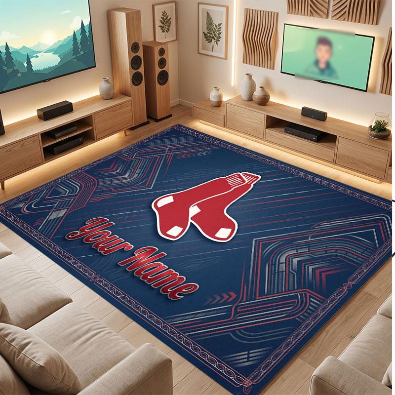 Boston Red Sox Personalized Crystal Velvet Carpet, Customized Name Text Soft Anti‑Slip Rug for Living Room Bedroom
