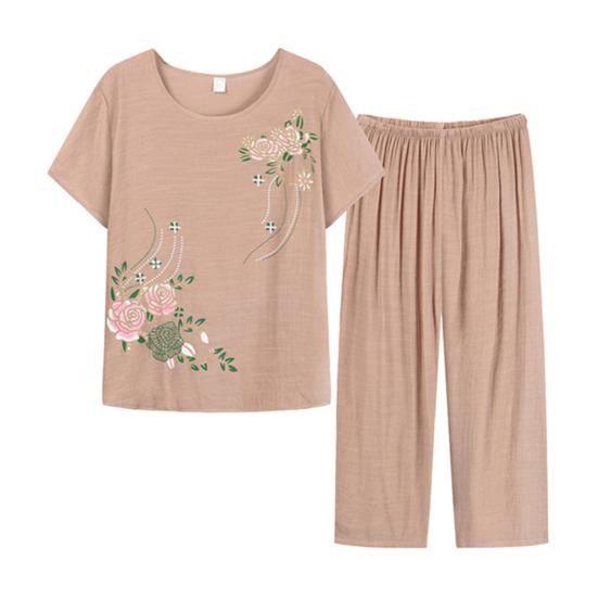 2 Pcs/Set Women Top Pants Set O Neck Flower Print Grandma Style Elastic Waists Summer Pajamas Set for Daily Wear