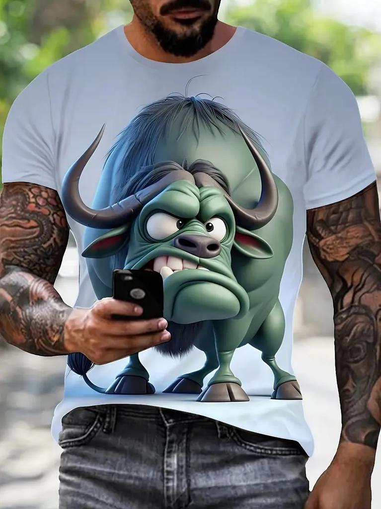 Fun Bull Pattern 3D Printed T-shirt Summer Men's Casual Fashion Round Neck Fashion Trendy Harajuku Personalized Short Sleeve Street Wear