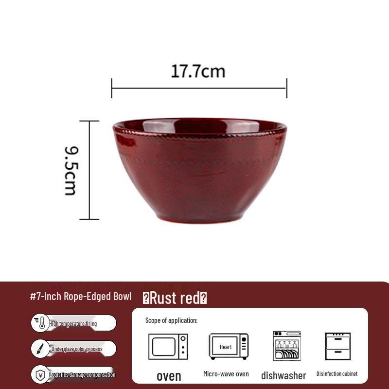 Set di Stoviglie in Ceramica Rossa Cotto in Forno: Ciotole, Piatti e Piatti in Stile Retrò con Decorazioni Sottosmalto per Uso Domestico.