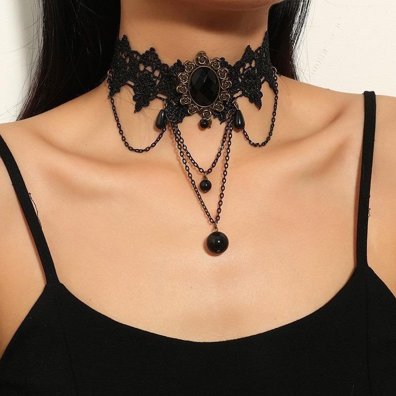 Accessories Black Neck Chain Lace, Clavicle Chain Light Luxury High-end, Hollow Fringe Gothic Necklace Women