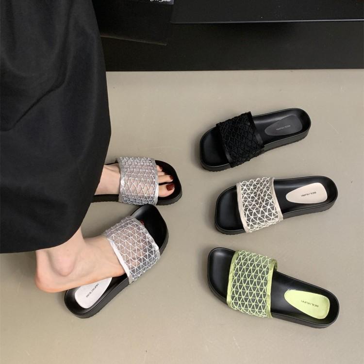 Thick-soled Slippers for Women's Outer Wear Summer New Mesh Square Head One-word Sandals Soft Flat-bottomed Seaside Vacation Beach Sandals