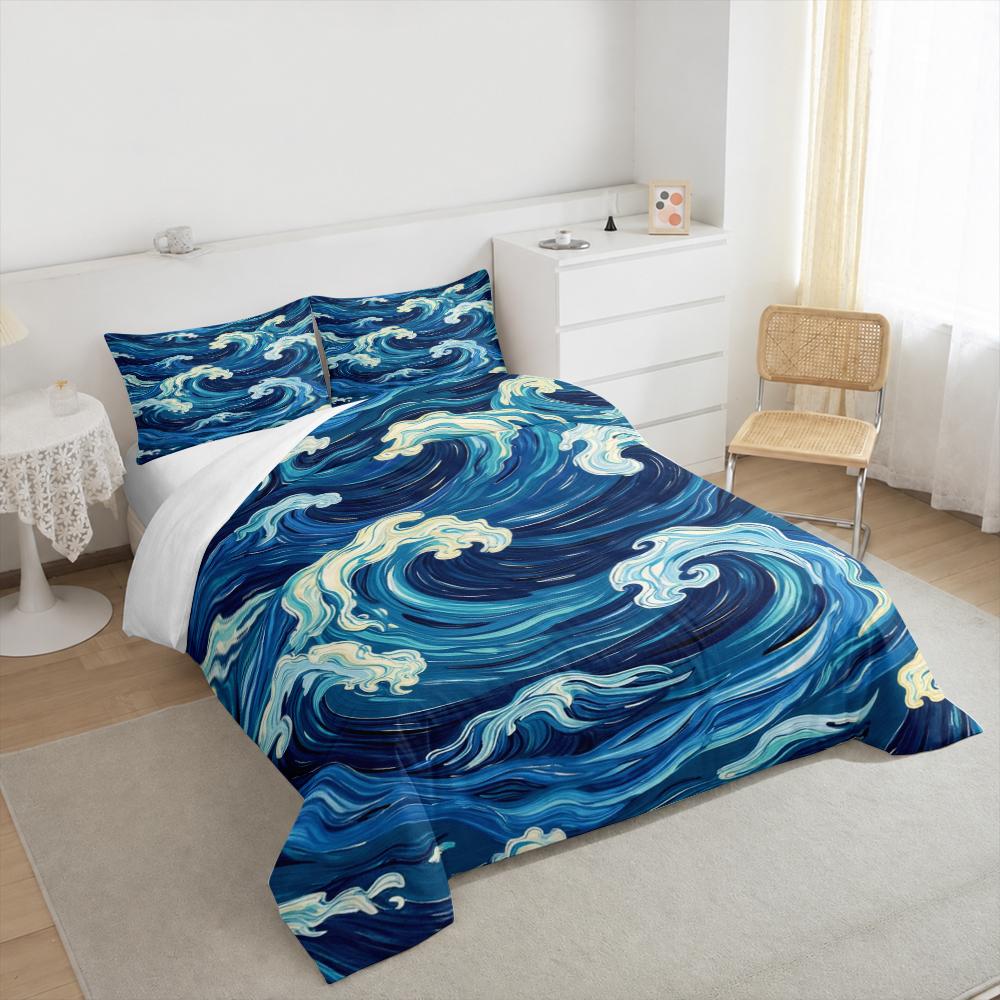 Blue Swirling Ocean Waves Van Gogh Style Bedding set (1 duvet cover, 2 pillowcases, duvet not included), Nautical Art Print