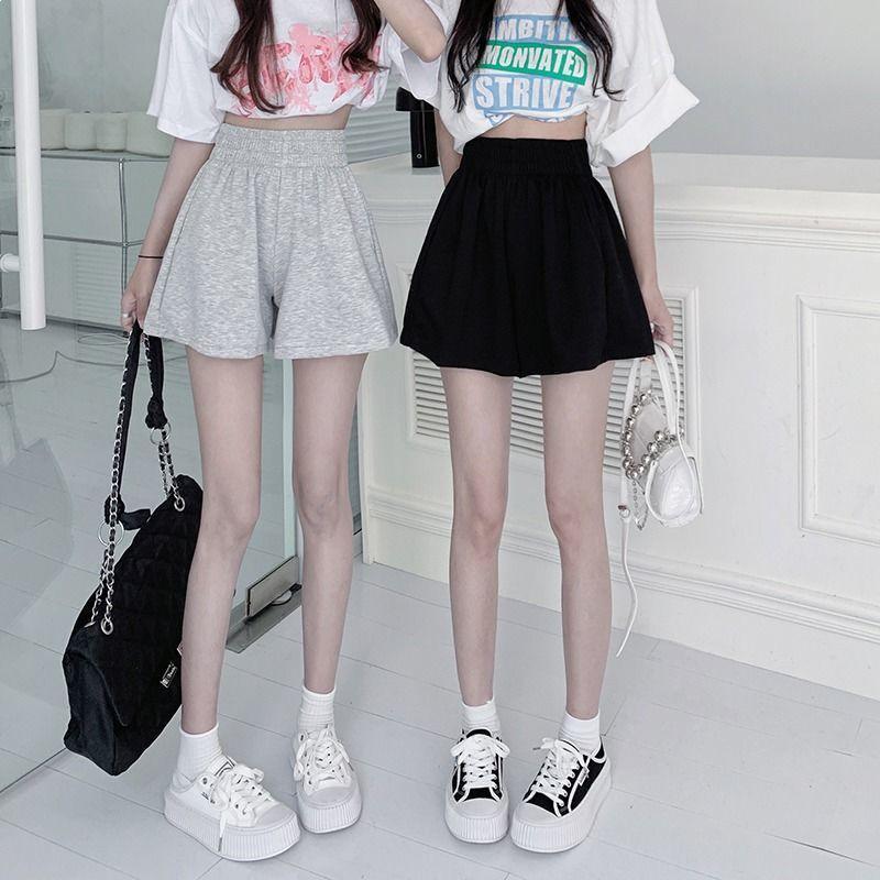 Women's Korean Style Gray Wide-Leg Elastic Waist Shorts - Lightweight, Versatile & High-Waisted Summer Pants