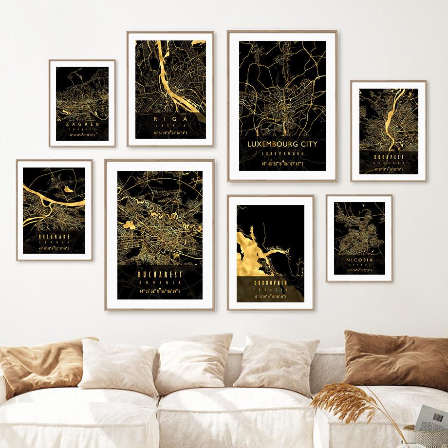 Wall Art Canvas Painting Croatia Cyprus Europe Black Golden Map Living Room Decoration Posters And Prints Clib Bar Wall Pictures