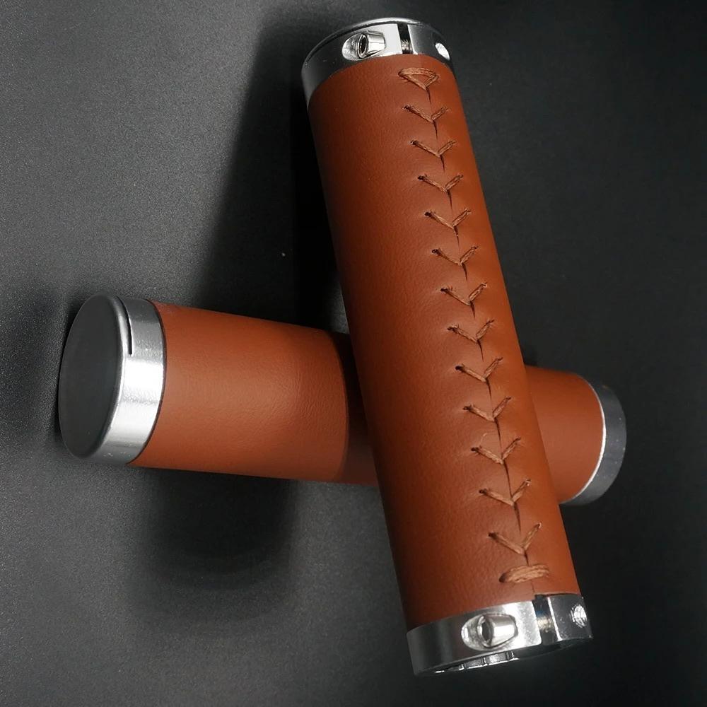 Bicycle Leather Handlebars Shock-absorbing Dead Fly Folding Bike Scooter Handlebars Hand-sewn Handlebars PU Leather Retro Grips