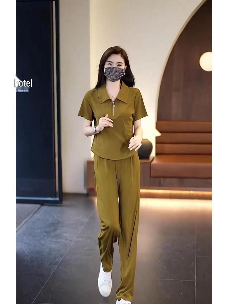 2025 Summer European Trendy Two-Piece: Ice Silk Loose Fit Short Sleeve Set for Women