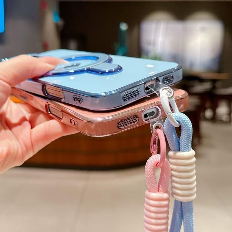 Plating TPU With a wrist strap Case For iPhone16 15 14 13 12 16 Pro Max Plus iPhone11 Covers With Stand Holder Female Girl Women