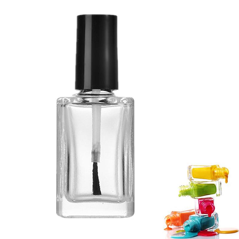 1Pcs 15Ml Black Lid Square Small Shaped Empty Glass Nail Polish Clear Bottles With Balck Cap And Soft Brush For Travel And Home