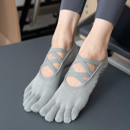 1 pár dámských bavlněných ponožek na pilates a jógu s protiskluzovými tečkami, absorbujících pot, do posilovny, nízkého střihu, s křížením přes nárt, prstové ponožky