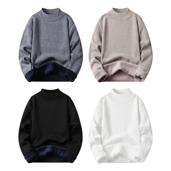 Men Fall Winter Sweater Thick Plush Lined Half-high Collar Knitted Solid Color Elastic Pullover Loose Keep Warm Work School Sweater