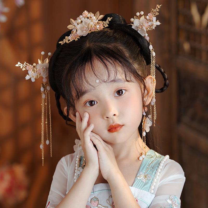 Children's Ancient Style Hanfu Hair Accessories Set: Hair Clips, Pins, Tassels, Step Shake, Flower Crown for Girls