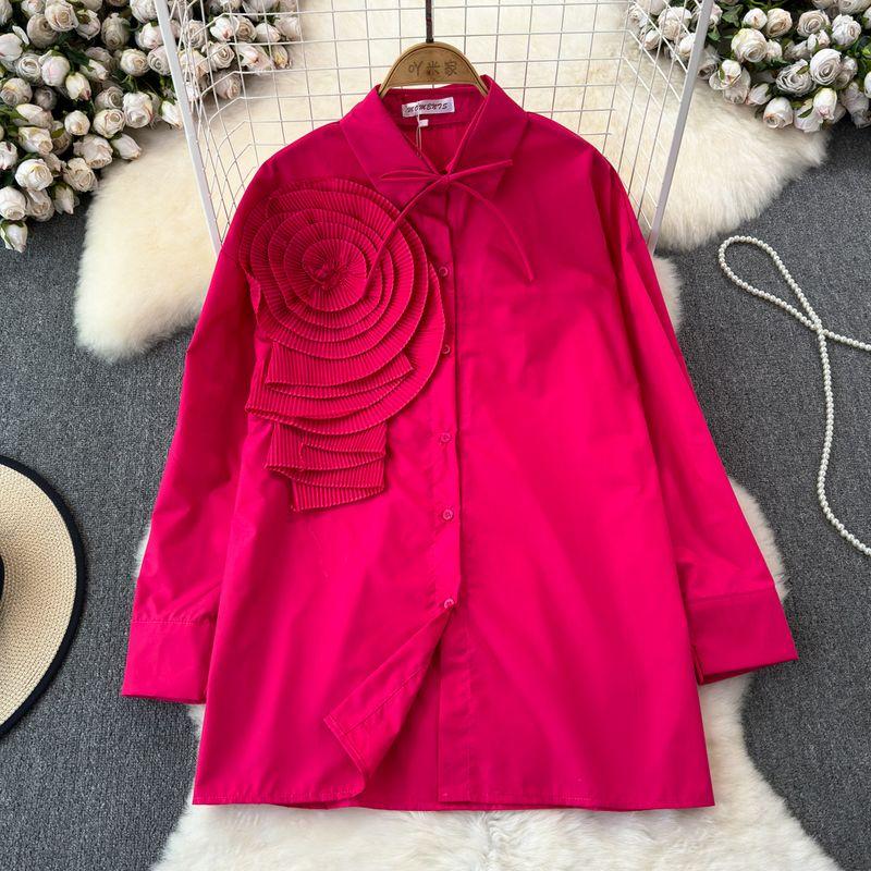 

Classy Niche Design Pleated Large Flower Shirt Women s Spring/Summer Loose Long Sleeves Chic Stunning Polo Collar Shirt Rose Red All yards