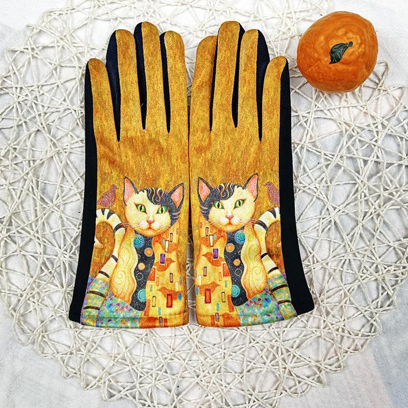 Fashion 3D Oil Painting Gloves Women'S Suede Fleece Thickened Touch Screen Thermal Gloves