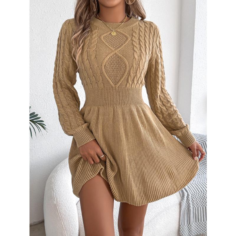Casual Solid Color Twisted Waist Lantern Long Sleeve A Line Womens Sweater Dress
