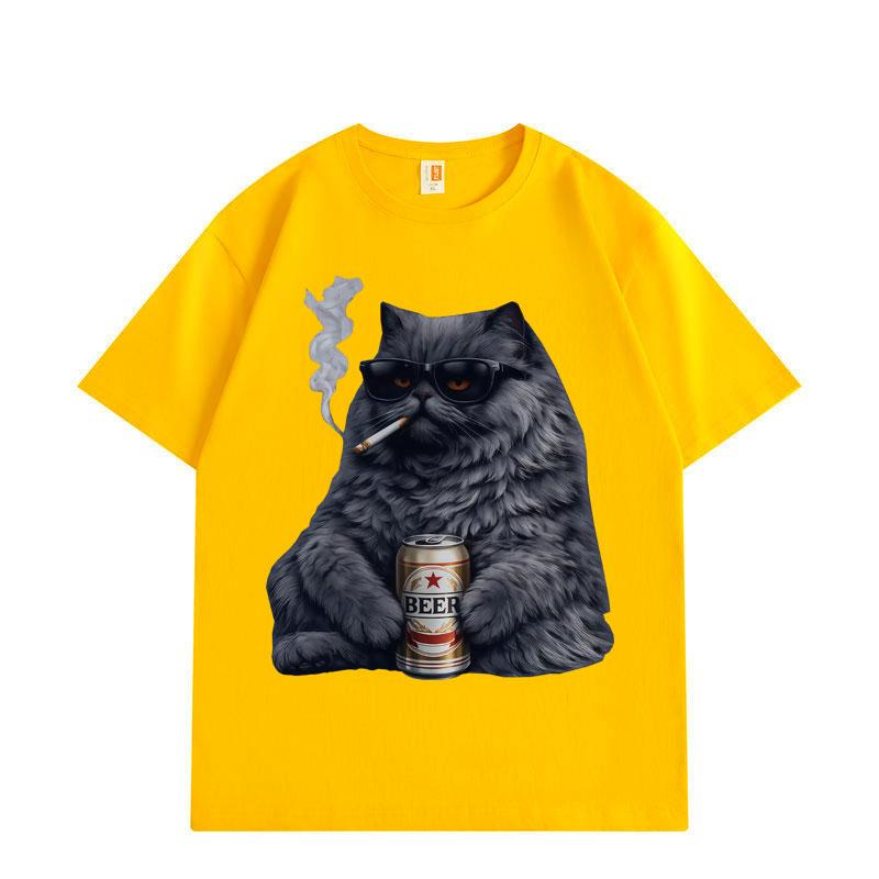 Funny Cat Smoking and Drinking Graphic T Shirts High Street Fashion Trend Short Sleeve T-shirt Men Women Cotton T-shirts