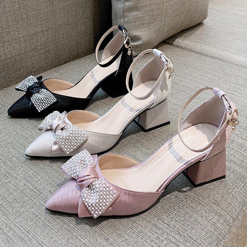 2021 Nuevo girly rosa tacón grueso de pedrería lazo de pedrería con  puntiagudo suave zapatos individuales de tacón medio para mujeres comprar a  buen precio — entrega gratuita, reseñas reales con fotos — Joom