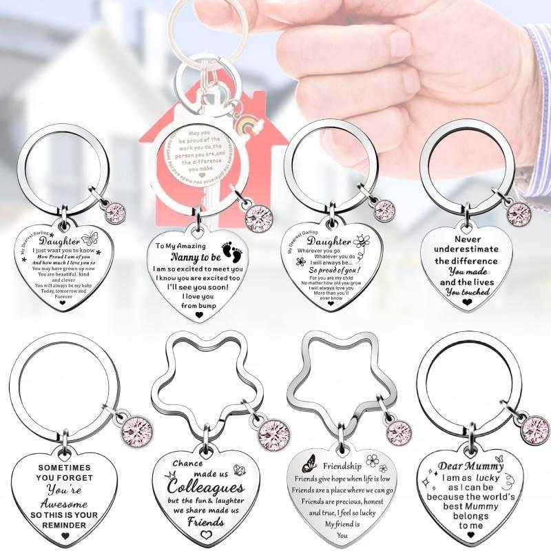 Delightful Stainless Steel Heart Keychain With Pink Blue Gem For Birthday Gift