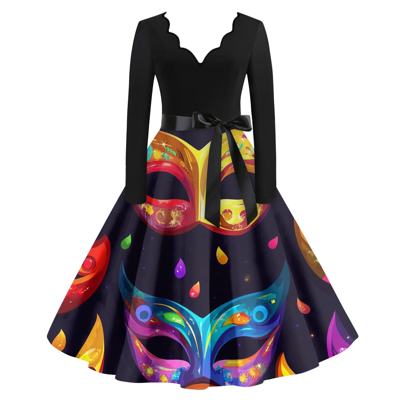 

Женское повседневное модное платье с V-образным вырезом и длинным рукавом с принтом в винтажном стиле XL