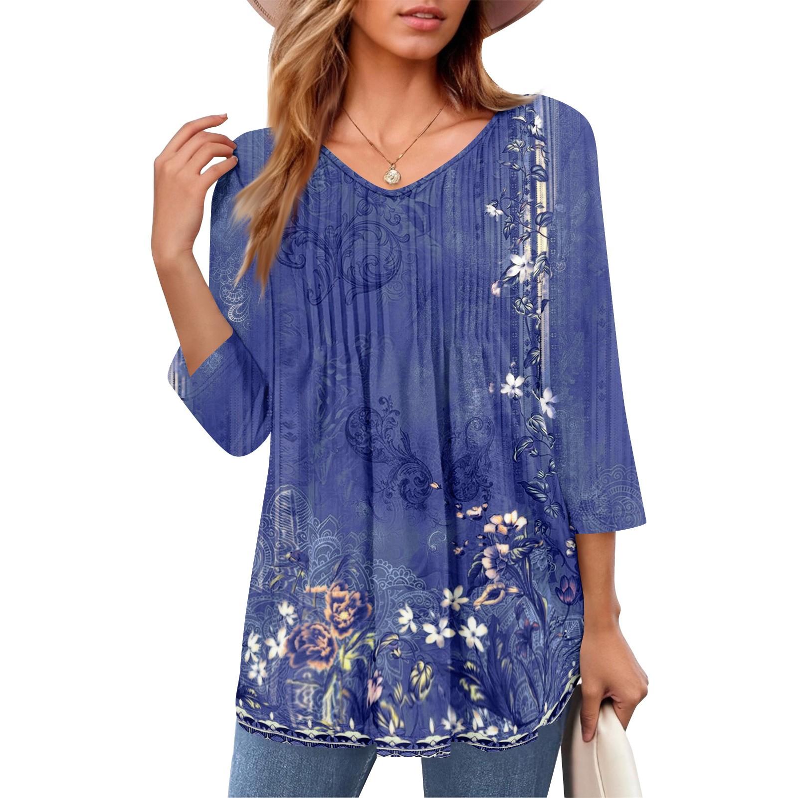 

Женские топы с V-образным вырезом и рукавом три четверти в полоску, плиссированные, повседневные, летние, модные, рубашки XL фиолетовый