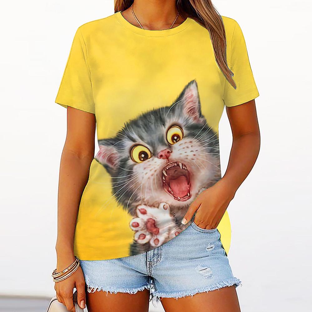 Women's T-Shirt Funny Cat Graphic Short-Sleeved Fashion Casual Oversized Round Neck Women's Summer Clothing