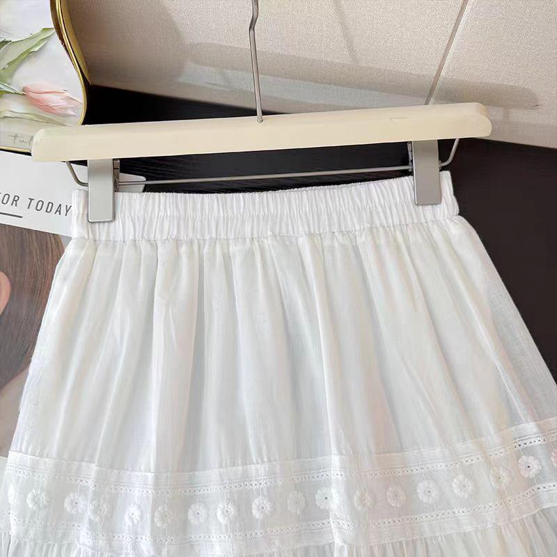 Women's French Lace Trim A-Line Midi Skirt - High Waist, Loose, Fluffy and Trendy for Summer