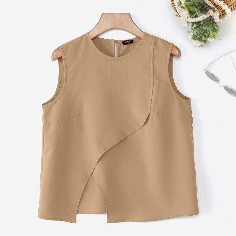 

VONDA Women Round Neck Sleeveless Irregular Splits Casual Tank Tops 5XL хаки